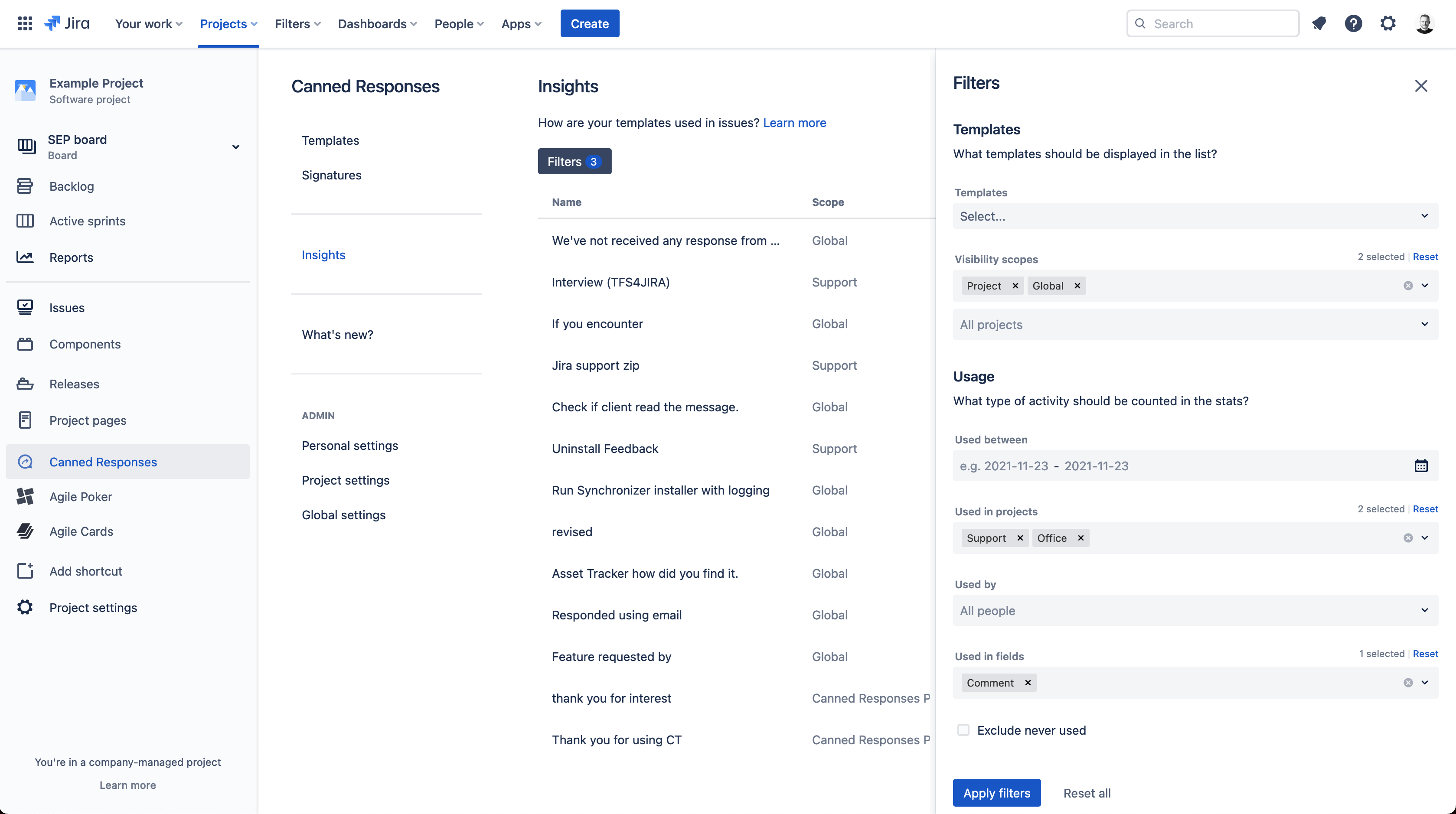 Insights - Table of templates with stats and filters sidebar opened